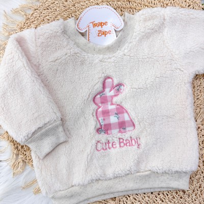 Conj. Casaco de Pelinho Coelho Cute Baby e Calça Xadrez com Florzinhas - Areia e Rose